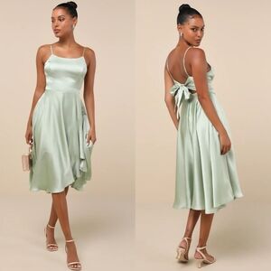 Lulus Days Like Today Sage Satin Asymmetrical Tie-Back Midi Dress S Wedding